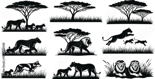 Obraz African savanna wildlife silhouette pattern with lion, cheetah, acacia tree, grassland scene, vector illustration, safari animal artwork design