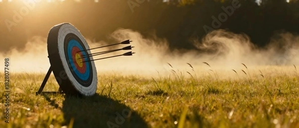 Fototapeta Archery Target with Arrows in Field at Sunrise