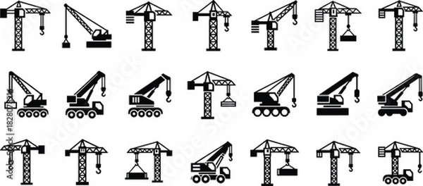Obraz Construction crane icon set, heavy machinery silhouettes, black vector collection, industrial building equipment symbols, mobile tower engineering lift signs