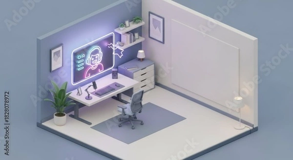 Fototapeta Modern workspace design featuring computer setup and creative decor with neon lights, showcasing minimalistic style and functional furniture. Workspace includes cozy chair, plants,