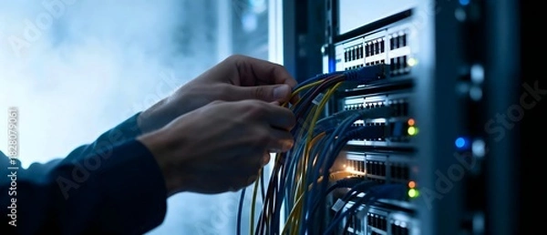 Fototapeta Technician Connecting Network Cables in Server Rack