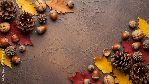 Fototapeta Seasonal flat lay of autumn's bounty with pine cones, walnuts, and acorns arranged as a frame on a rustic brown background