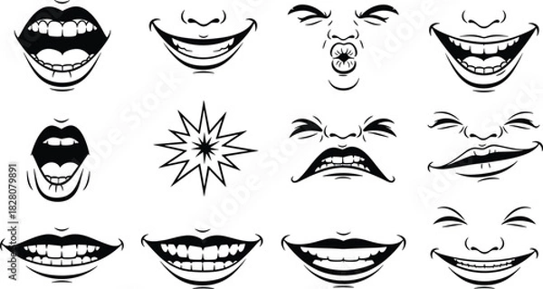 Obraz Set of cartoon mouth expressions featuring smiles, laughter, and shouting, black and white vector illustration for character design.