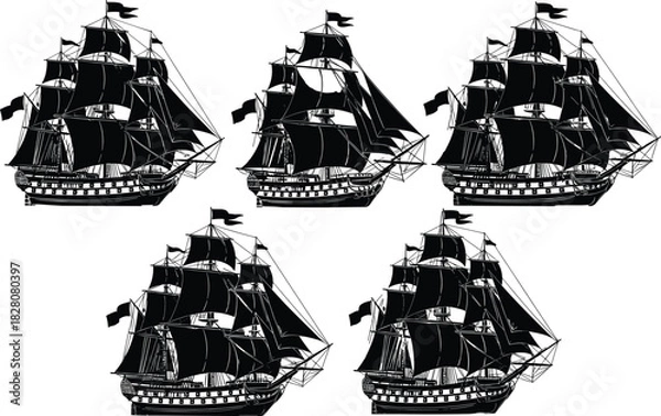 Fototapeta Set of detailed black silhouettes featuring vintage tall sailing ships with flags, nautical galleon vector illustration isolated on white.