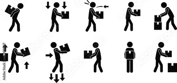 Obraz Set of manual handling safety icons, correct and incorrect lifting box techniques, workplace injury prevention, heavy load vector illustration.