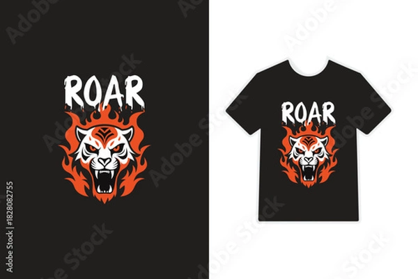 Obraz Angry Tiger Head Roaring with Fire T-Shirt Design. Tiger Face Roar T-Shirt Vector Illustration