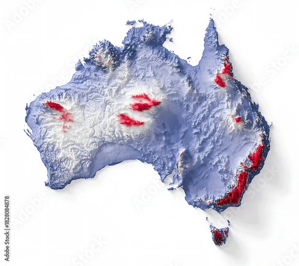 Fototapeta Three-dimensional topographic relief map of australia highlighting elevated mountain ranges and geographical features. global perspective. isolated on white background, illustration