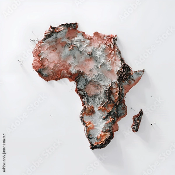 Fototapeta Intricate 3d render of the african continent's diverse topography, showcasing detailed elevation and geographical features isolated on white background, illustration