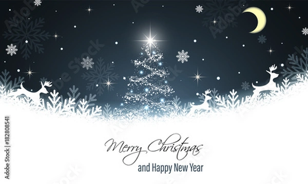 Fototapeta Świąteczna karta z życzeniami. Noworoczne życzenia. Renifer, płatki śniegu, śnieg, błyszcząca choinka, gwiazdy i księżyc. Baner wektorowy.