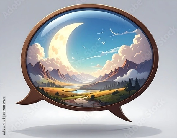 Obraz Dreamy landscape painting of a moon over mountains and a river, framed within a speech bubble shape