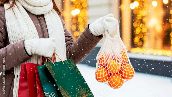 Obraz A young woman holds paper bags with gifts and a string bag with fresh oranges against a backdrop of festive store windows. Preparing for Christmas and New Year.