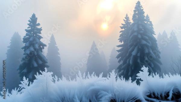 Fototapeta Eine traumhafte, abstrakte Darstellung eines Winterwaldes, der sich aus dem Nebel erhebt. Sanfte Schichten aus zartem Blau, Perlweiß und Silber verschmelzen . KI Generated