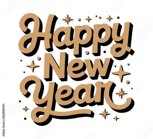 Fototapeta Decorative text proclaims 'Happy New Year' with festive stars and dots.
