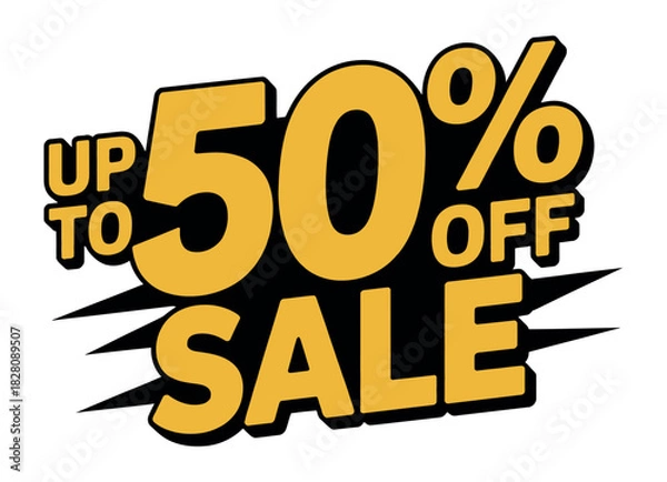 Obraz Up to 50% off sale sign with bold yellow text on black background.