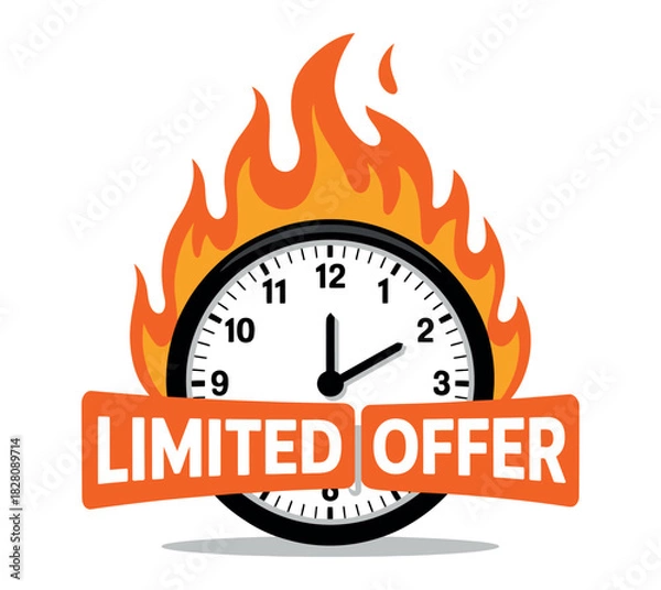 Fototapeta Limited offer with a clock on fire signifies urgency for a sale event
