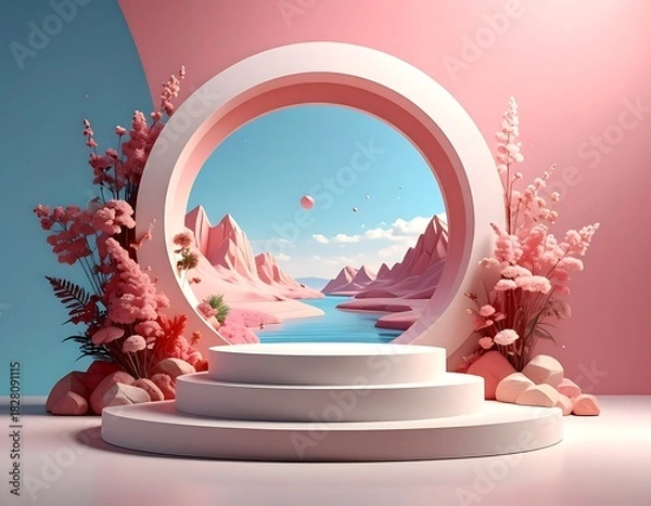 Obraz Dreamy, pastel landscape seen through a circular portal atop a three-tiered white stage, floral accents