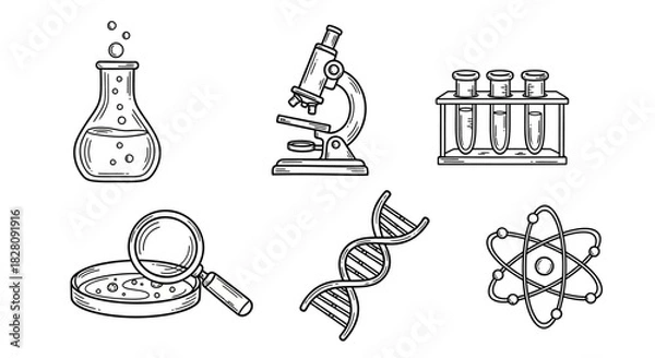 Obraz Hand drawn science icons: microscope, beaker, dna, atom, and test tubes