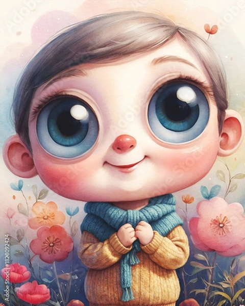 Obraz Charming character with expressive eyes and warm clothing, nestled among vibrant blossoms. Airy watercolor backdrop includes blank top-left area for subtle celebratory message.