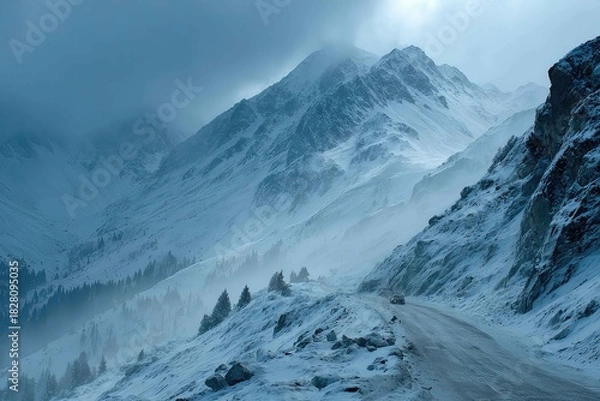 Obraz Icy mountain pass in winter storm