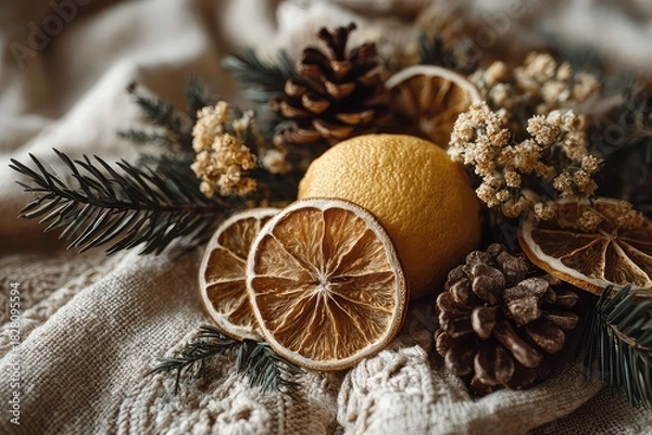 Fototapeta Minimal Flat lay with Wooden Snow flakes and Winter