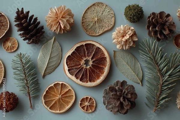 Fototapeta Minimal Winter Decor Flat lay with Dried Citrus
