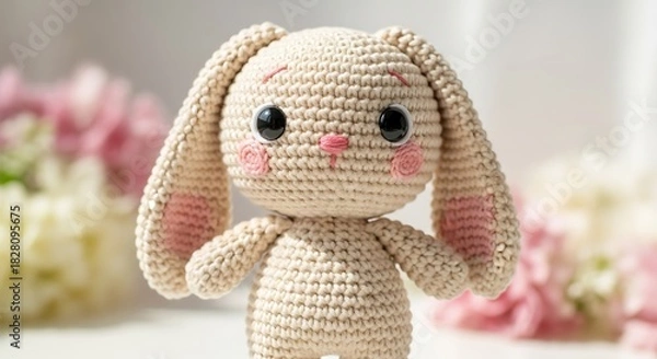 Fototapeta Close-up of a Cute Crochet Bunny Toy with Big Black Eyes and Pink Cheeks rabbit stuffed animal