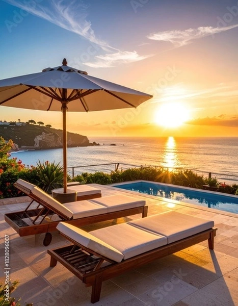 Fototapeta Luxury villa at sunset pool, ocean view, sunbeds, umbrella, serene