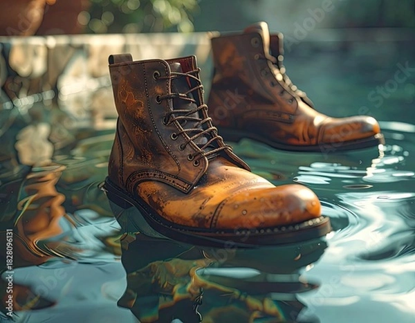 Fototapeta Weathered leather boots floating in clear water, sunlight effect