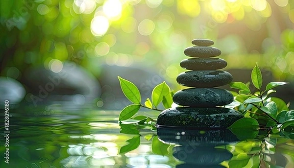Fototapeta Balanced stones in water, with green leaves and natural light