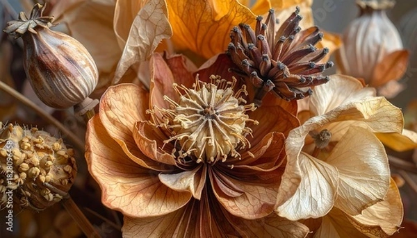 Obraz Dried floral arrangement featuring various pods and blooms in warm, earthy hues with intricate, textured details
