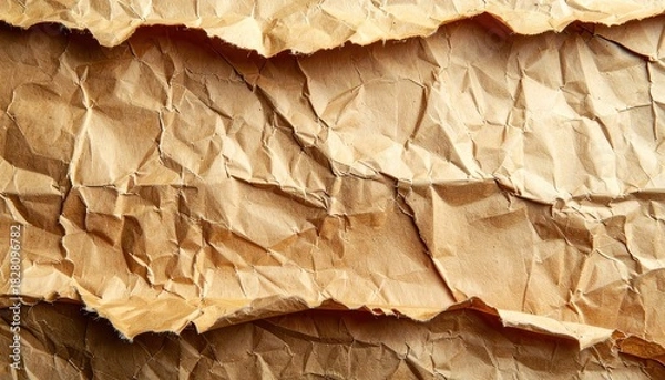 Fototapeta Close-up of torn, crumpled brown paper with rough edges, textured detail