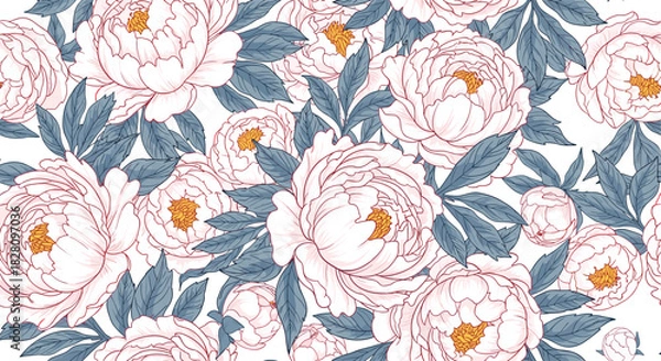 Fototapeta Lush seamless floral pattern with elegant pink and white peony flowers and blue leaves on a clean white background.