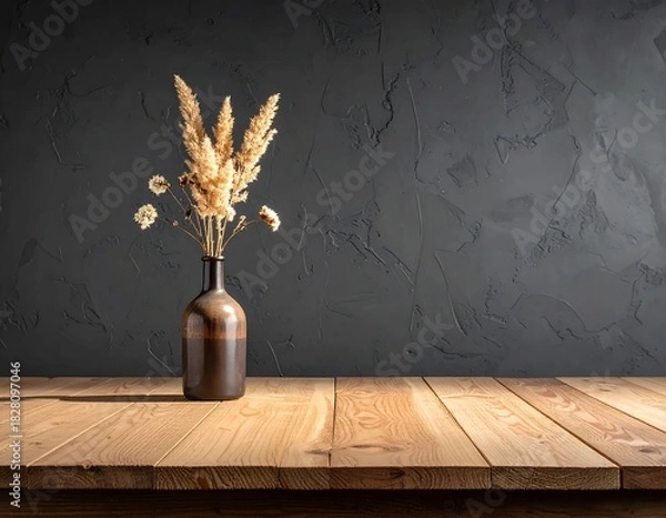 Obraz Dried flowers in a brown vase on a wooden table against a dark textured background in sunlight