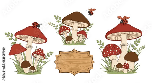 Fototapeta Set of cute forest mushroom illustrations with a blank wooden sign for text great for autumn or nature-themed projects.