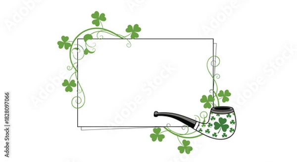 Fototapeta St Patrick's Day frame with a border of green shamrocks and a decorated smoking pipe on a clean white background.