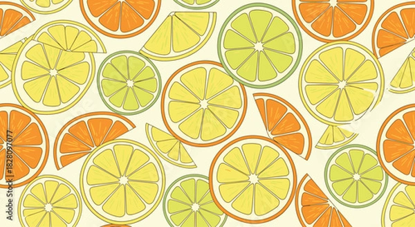 Obraz Seamless background with a hand-drawn pattern of citrus fruit slices including oranges lemons and limes for a summer design.