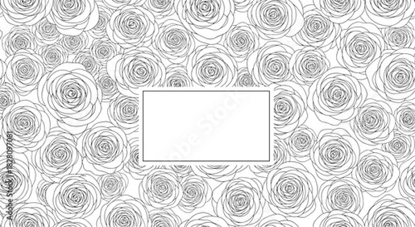 Fototapeta Monochrome background with a dense pattern of hand-drawn rose outlines and a blank rectangular label for text or a logo.