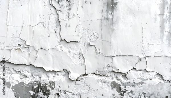 Fototapeta Cracked and peeling white paint on a weathered wall surface