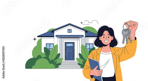 Fototapeta Happy real estate agent or new homeowner holding up keys in front of a modern suburban house with lush greenery.