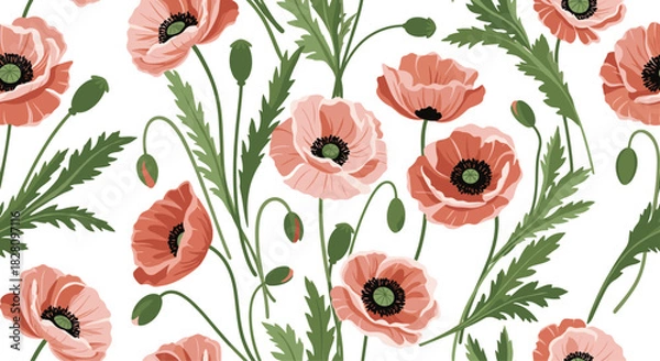 Fototapeta A beautiful seamless floral pattern of delicate pink and red poppy flowers with green leaves and stems on a clean white background.