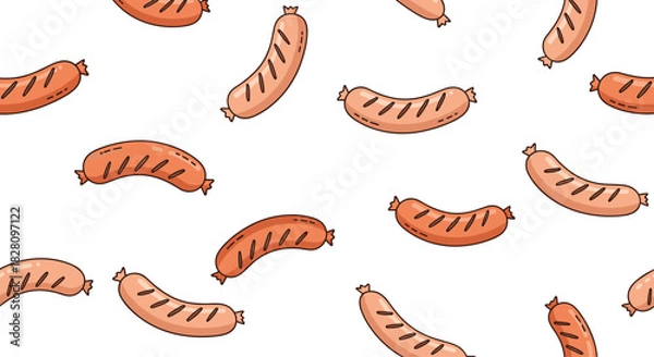 Fototapeta A simple and cute seamless pattern of cartoon grilled sausages randomly scattered on a plain white background for food-themed designs.