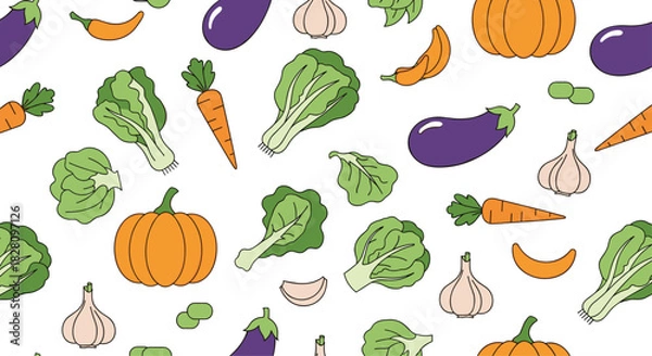 Fototapeta A colorful and healthy seamless pattern of various cartoon vegetables like pumpkins carrots and eggplants on a white background.