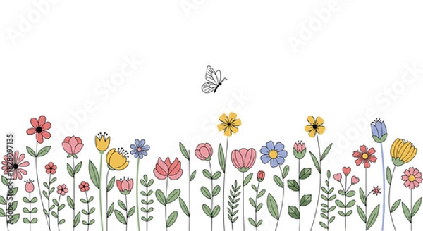 Fototapeta A charming horizontal border of colorful hand-drawn wildflowers with a small butterfly flying above on a clean white background.