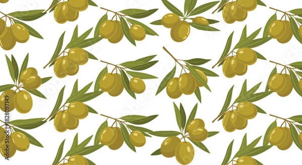 Fototapeta A fresh and healthy seamless pattern of green olive branches with leaves scattered across a clean white background for design.