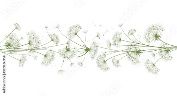 Fototapeta An elegant and delicate horizontal border made of green dandelion silhouettes with seeds blowing in the wind on a white background.