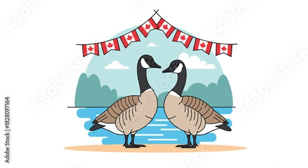 Fototapeta A lovely illustration of two Canada geese standing by a lake with a banner of Canadian flags celebrating Canada Day outdoors.