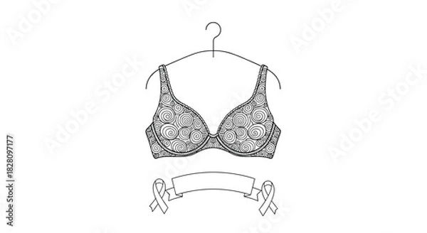 Fototapeta An ornate bra with a swirling pattern on a hanger with a blank ribbon below for Breast Cancer Awareness Month support.
