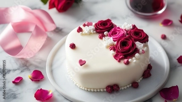Obraz Elegant cake adorned with roses and pearls, a romantic dessert for special occasions, isolated on white background