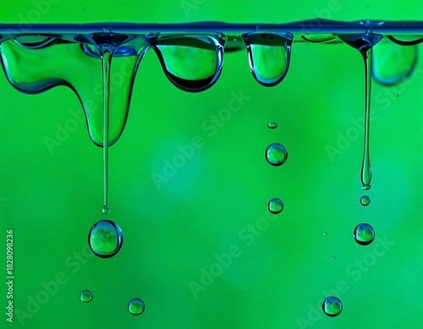 Obraz Dripping transparent liquid forms captivating orbs and strands, against a vibrant green backdrop