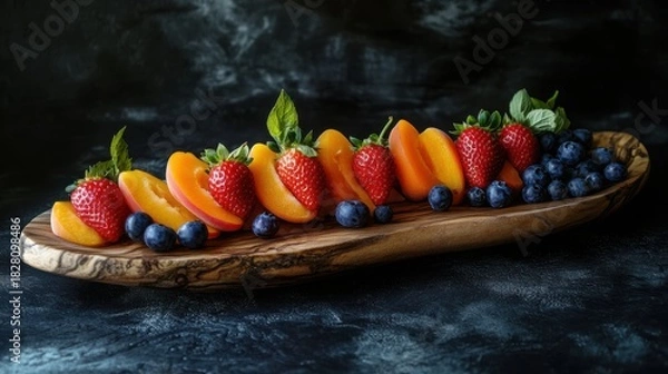 Obraz A vibrant wooden platter showcases a delightful assortment of fresh strawberries, juicy peaches, and plump blueberries against a dark backdrop